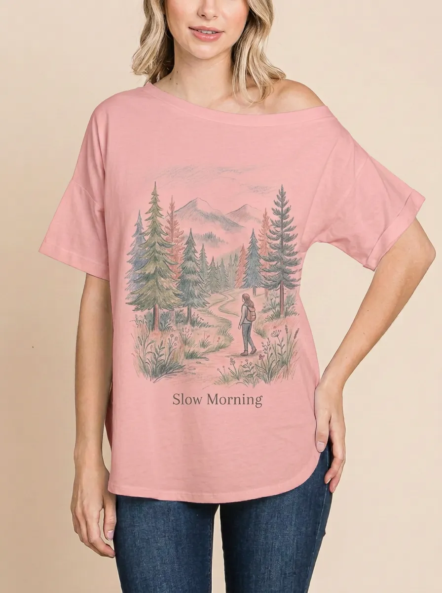 Women's Nature Hiking Slow Morning Forest Mountain Printed T-shirt