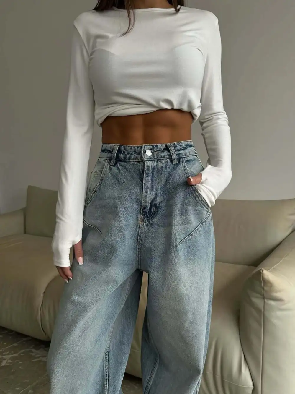 Ribbed Draped Denim Jeans