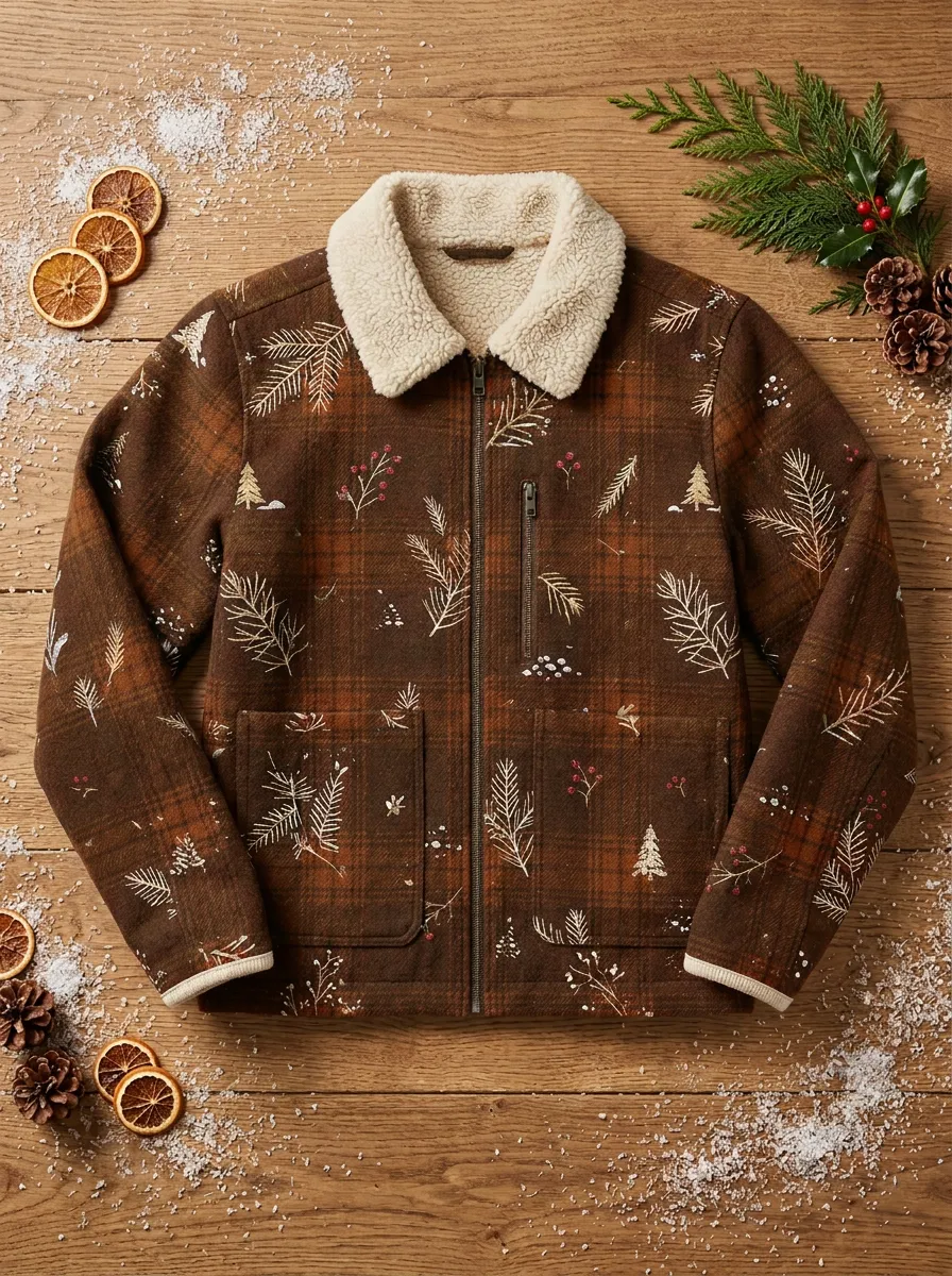 Unisex Christmas Pine Tree Plaid Print Sherpa Collar Jacket