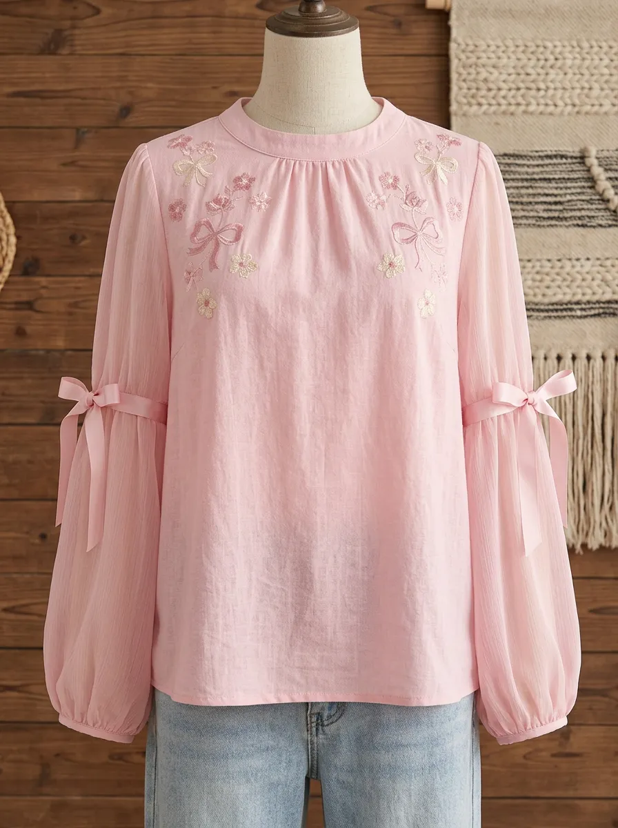 Women's Round Neck Tie-neck Lantern Sleeve Blouse