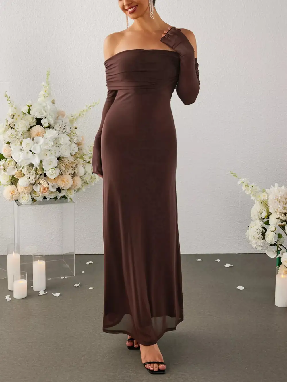 Off Shoulder Ruched Long Sleeve Maxi Dress