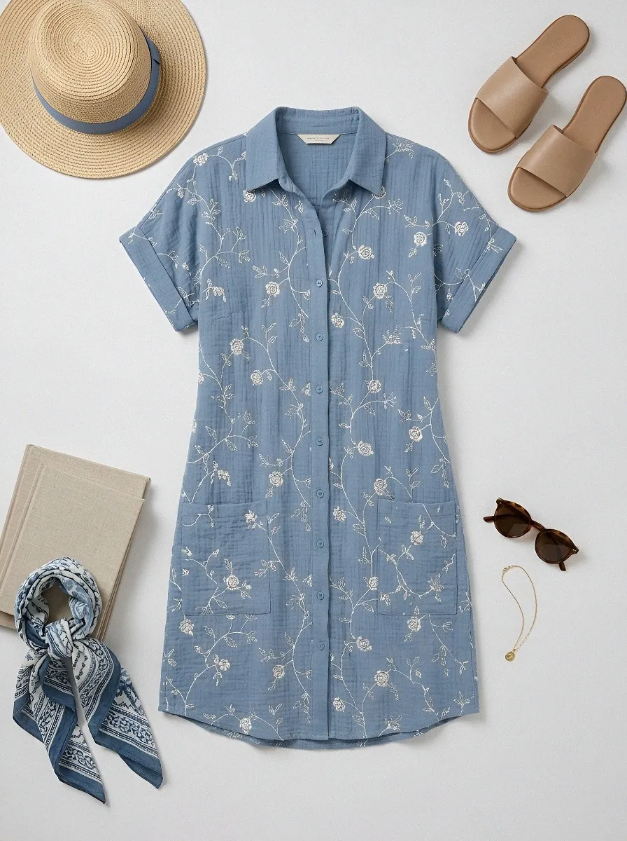 Women's Summer Vacation Floral Vine Printed Shirt Dress