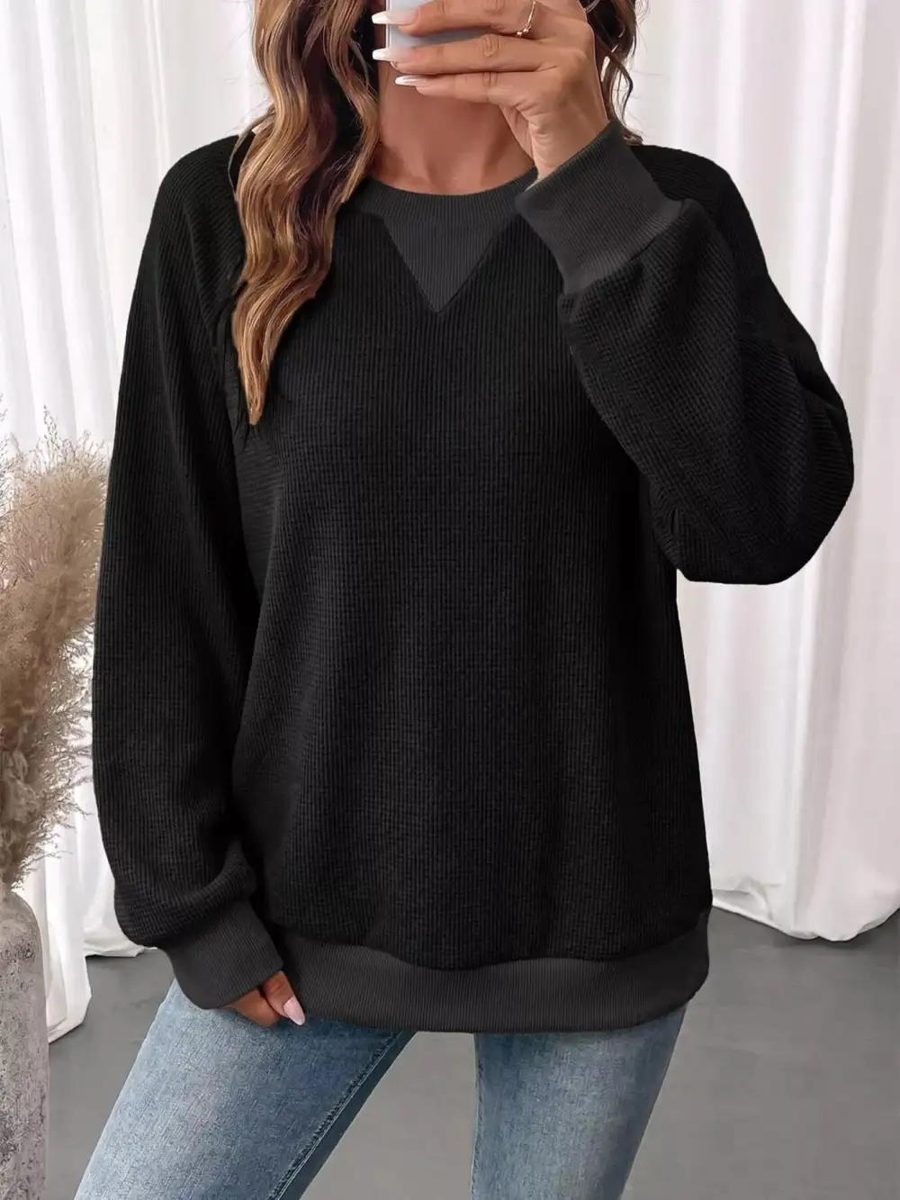 Crew Neck Waffle Knit Sweatshirt