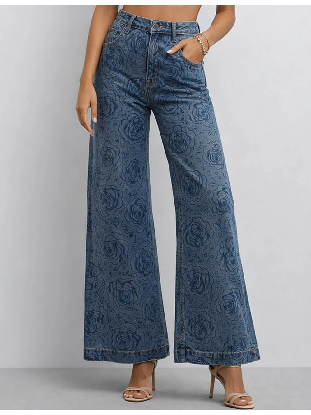 Jacquard Jeans Button Waist Wide Leg Denim Pants