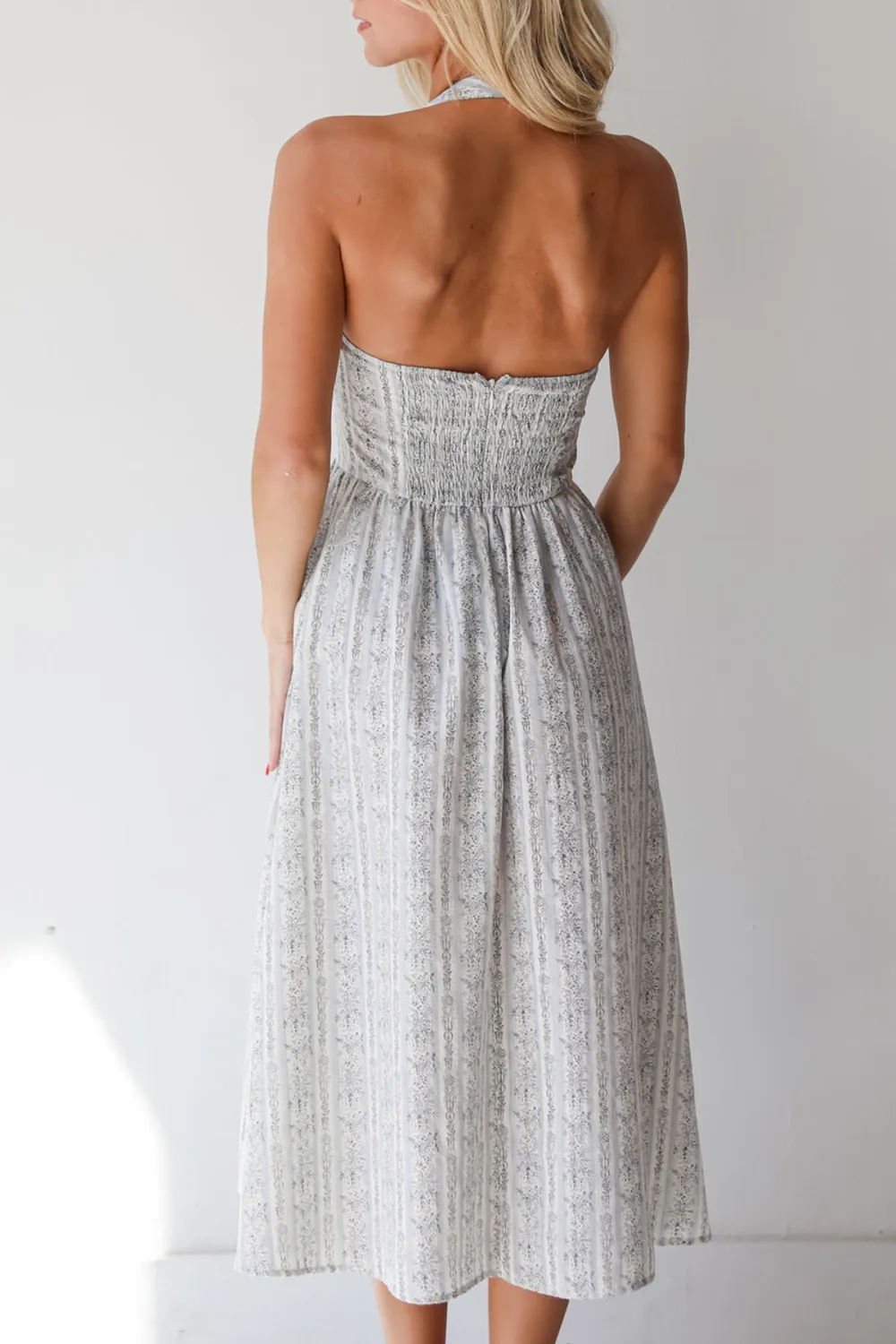 Blue Striped Floral Halter Midi Dress