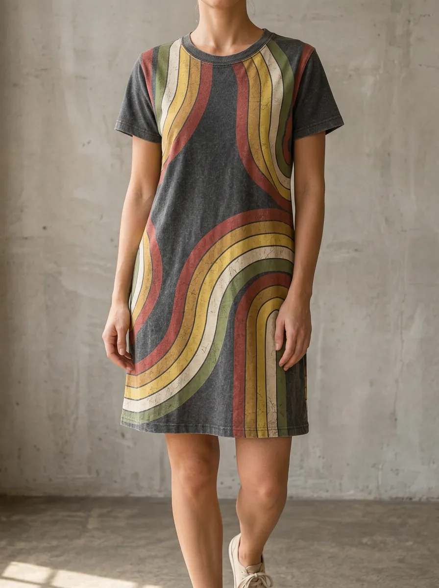 Women's Retro Rainbow Striped Printed T-shirt Dress