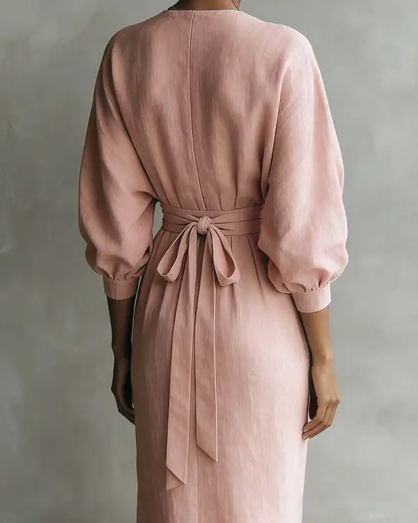 Elegant Deep V-Neck Draped Wrap Maxi Dress With Waist Tie