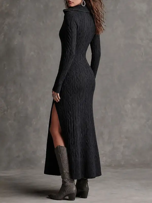 Boho Cable Knit Half-Zip Long Sleeve Slit Hem Maxi Dress