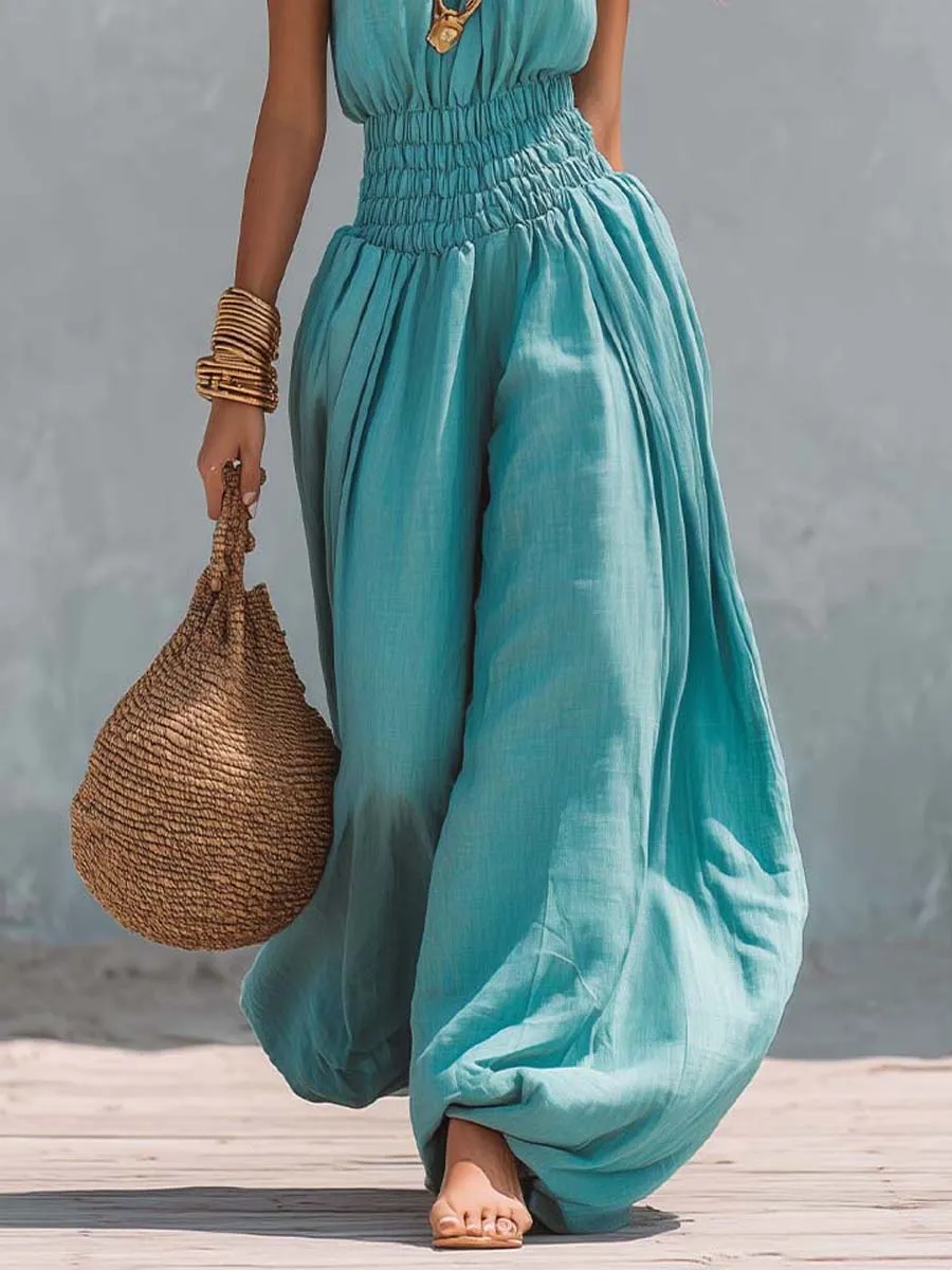 Bohemian Cotton-Linen Halter Smocked Balloon-Leg Jumpsuit