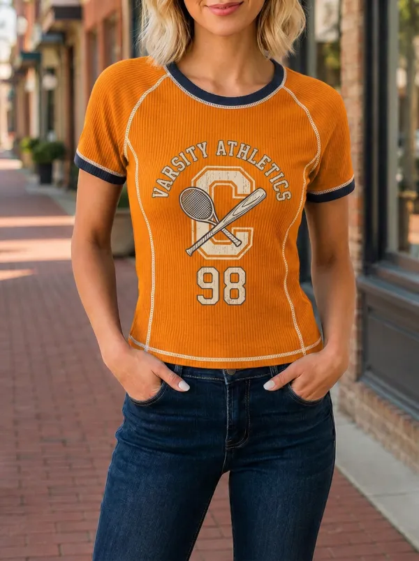 Women's Varsity Athletics Tennis Baseball Printed Ribbed T-shirt