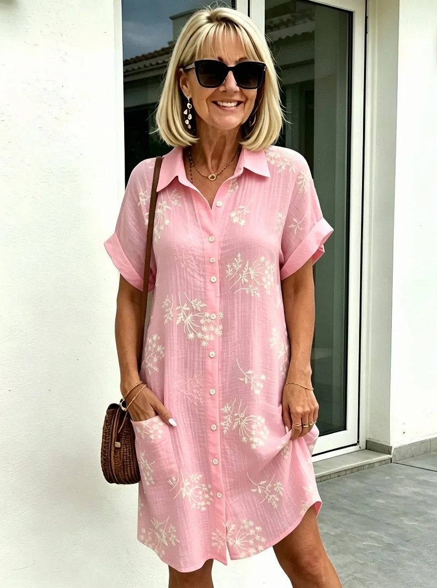 Women's Summer Vacation White Floral Printed Button-Down Shirt Dress