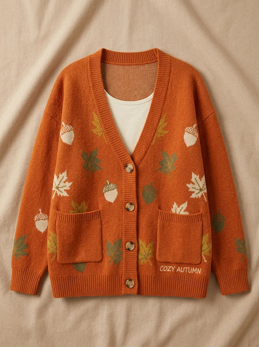 Botanical Acorn Maple Leaf Patterned Women's Knit Cardigan