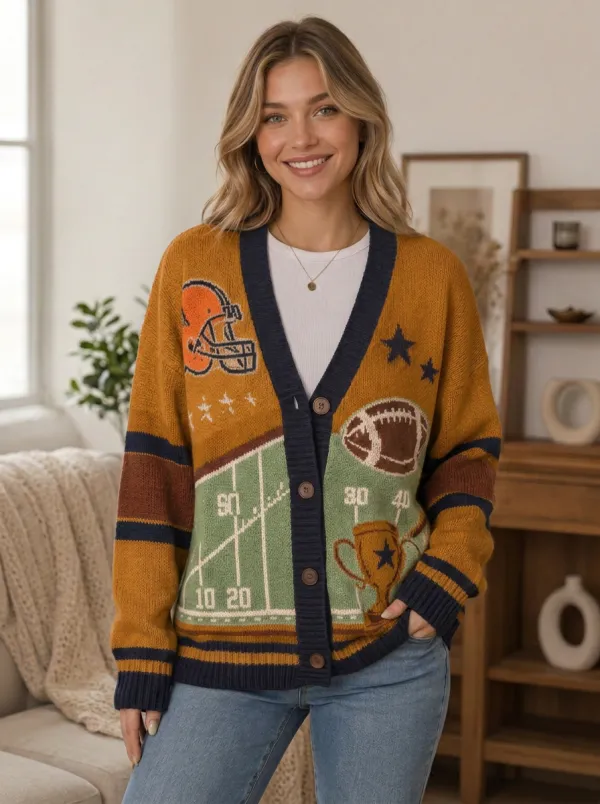 Women's Classic Relaxed Gridiron Helmet Trophy Ball Knit Cardigan