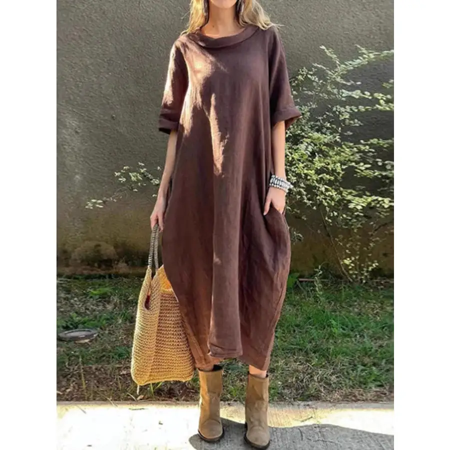 Full Size Casual Loose Fit Round Neck Midi Dress Plus Size