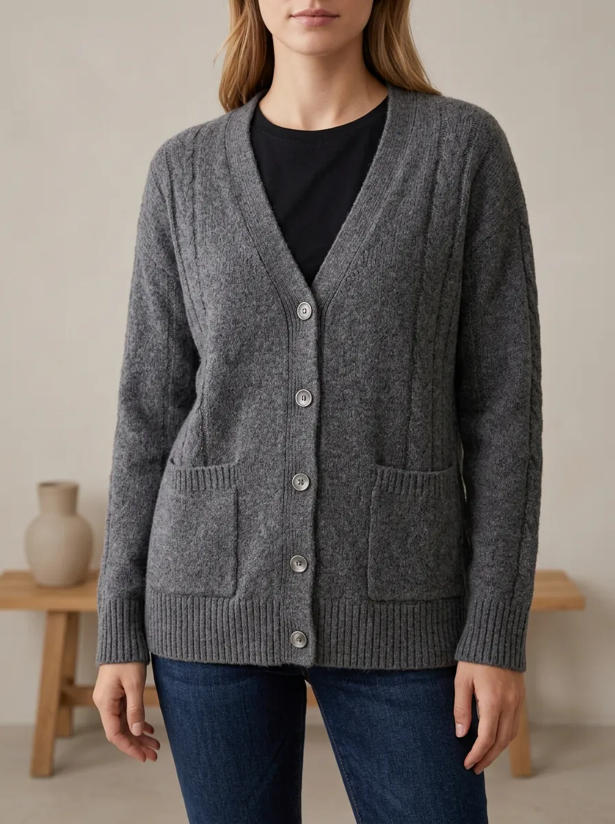 Women's Cable Knit Button Front V Neck Cardigan