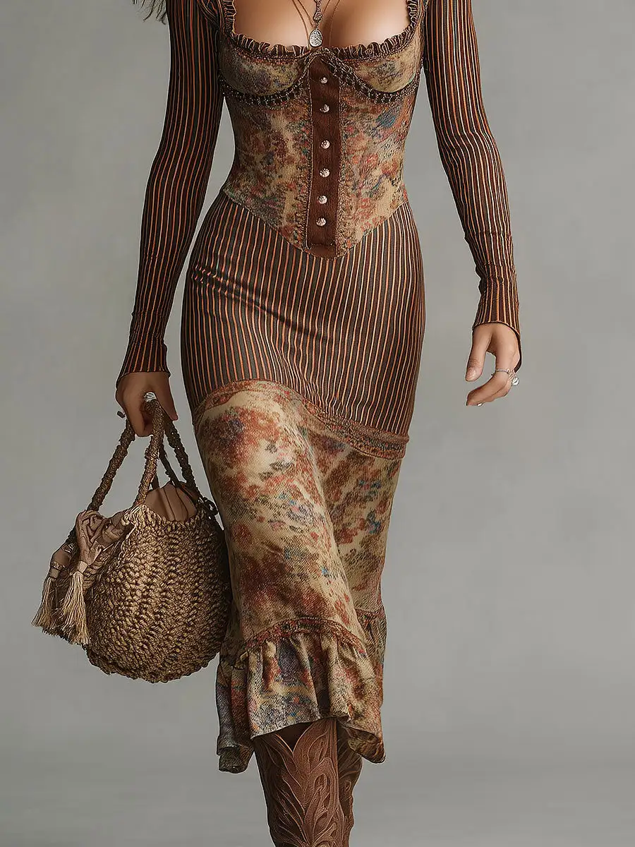 Boho Floral Print Corset Waist Long Sleeve Midi Dress