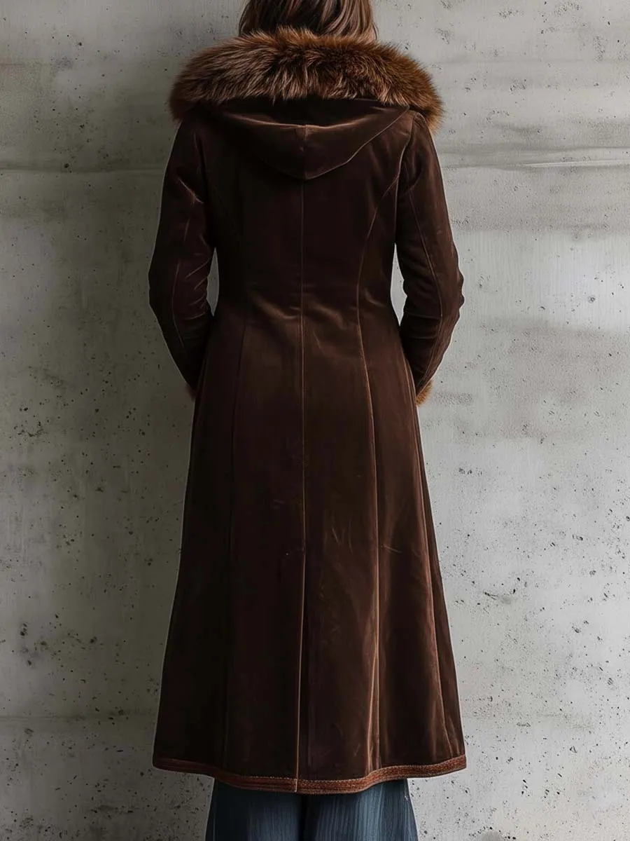 Brown Microfiber Suede Maxi Coat With Metal Buttons And Faux Fur Frim