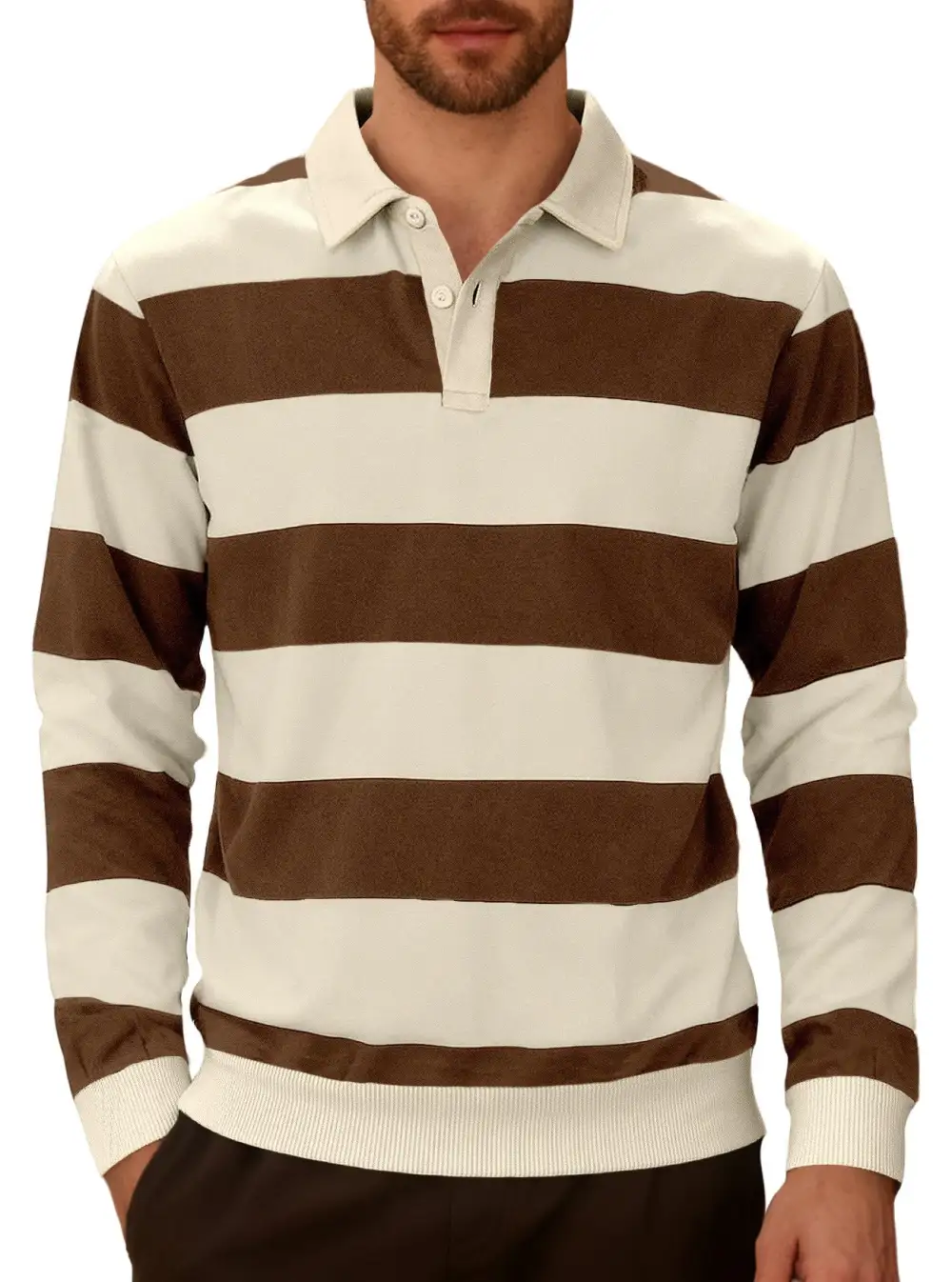 Men's Striped Rugby Polo With A Classic Collar Two-button Placket And Ribbed Hem