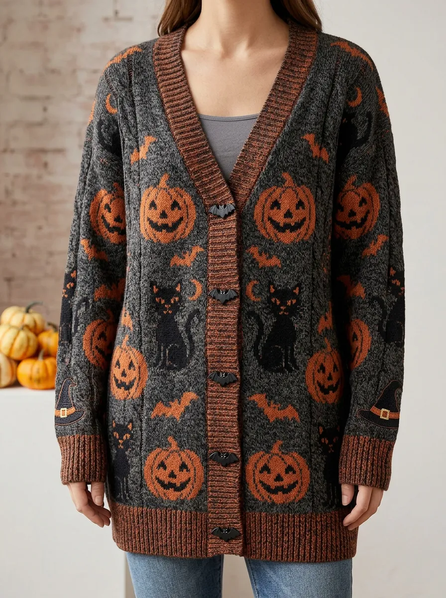 Women's Halloween Pumpkin Cat Bat Pattern Knitted Cardigan