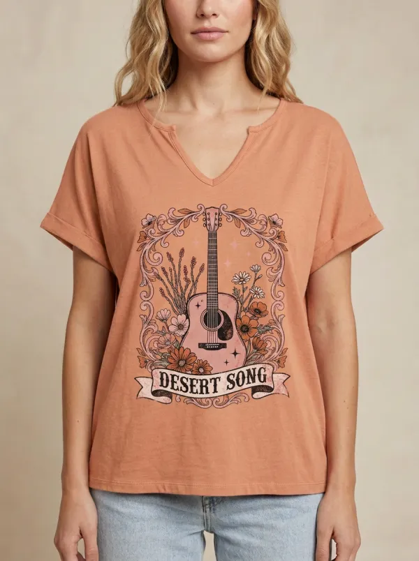 Women's Western Music Lover Desert Song Guitar Floral Printed V-Neck T-Shirt
