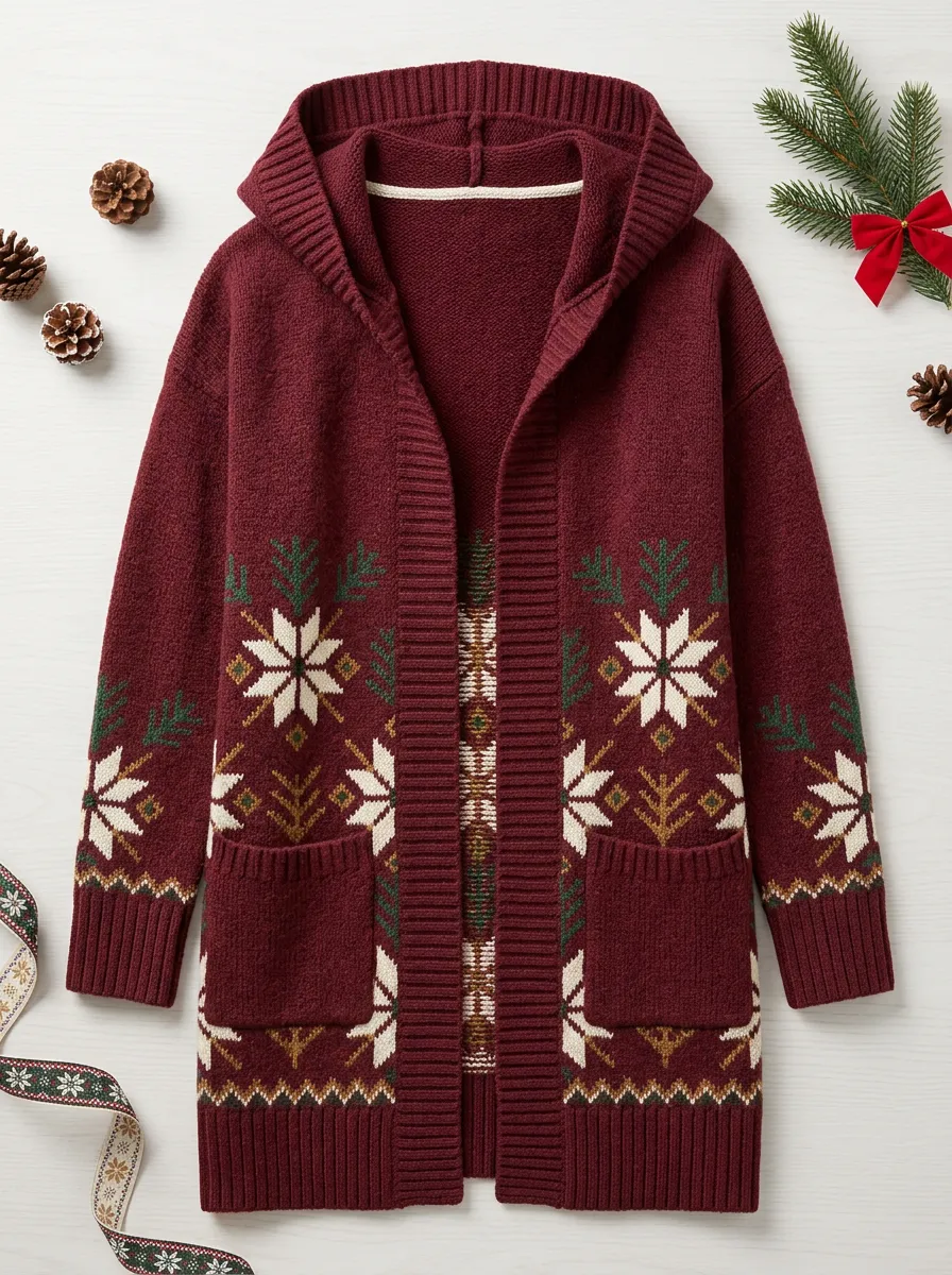 Winter Christmas Snowflake Pattern Knit Hooded Cardigan