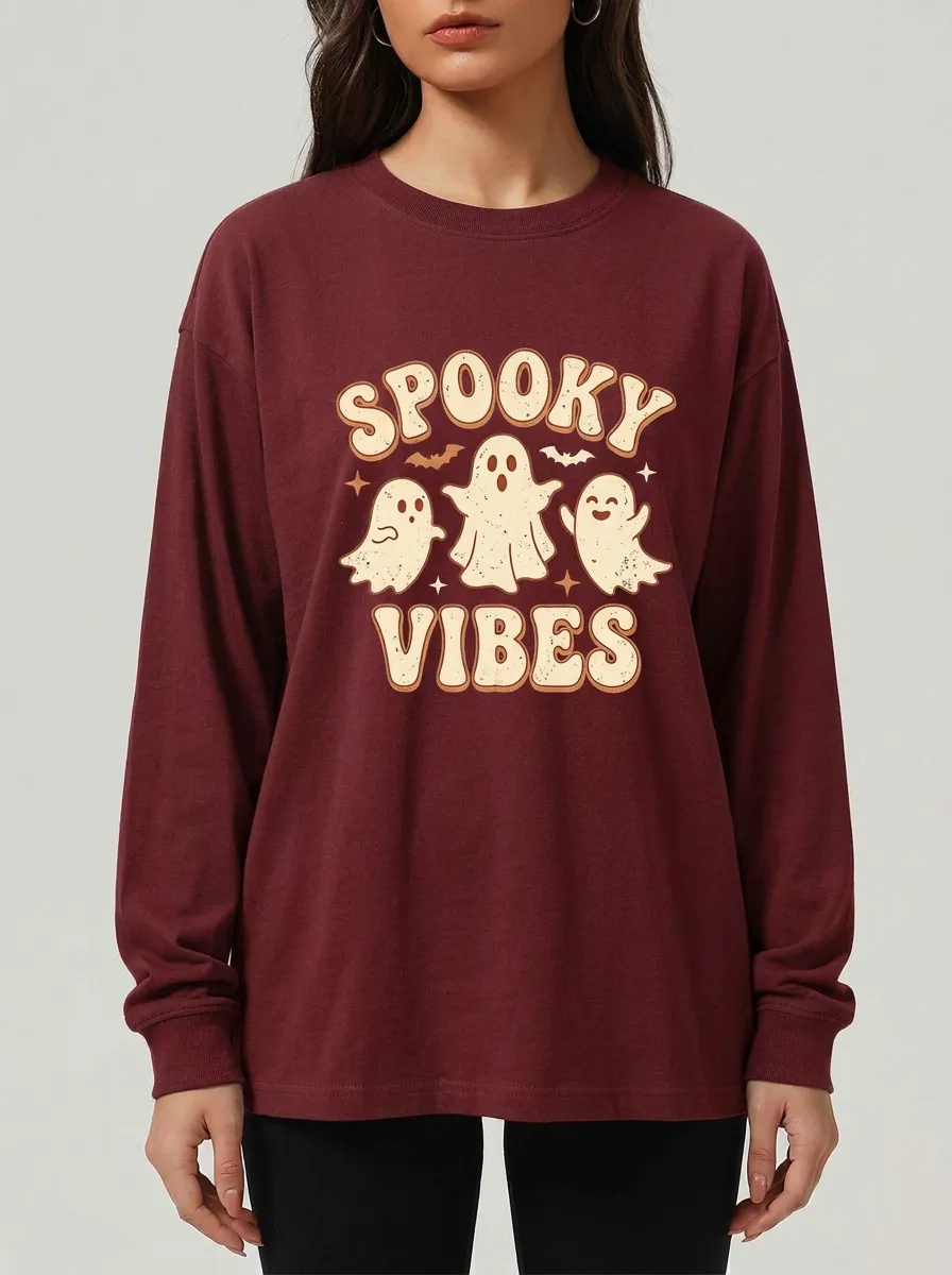Women's Halloween Spooky Vibes Ghost Printed Long Sleeve T-shirt