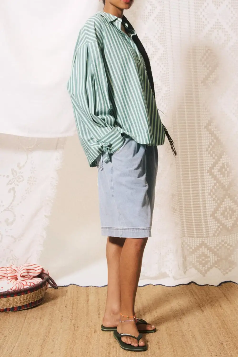 Striped Embroidered Button Front Collared Lightweight Shirt