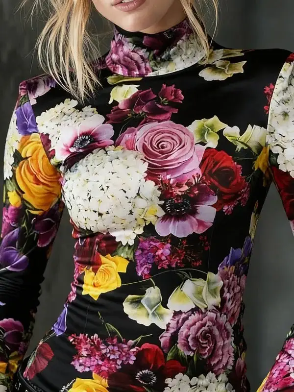 Long Sleeve Slim Fit Contrast Floral Print High Neck T-Shirt