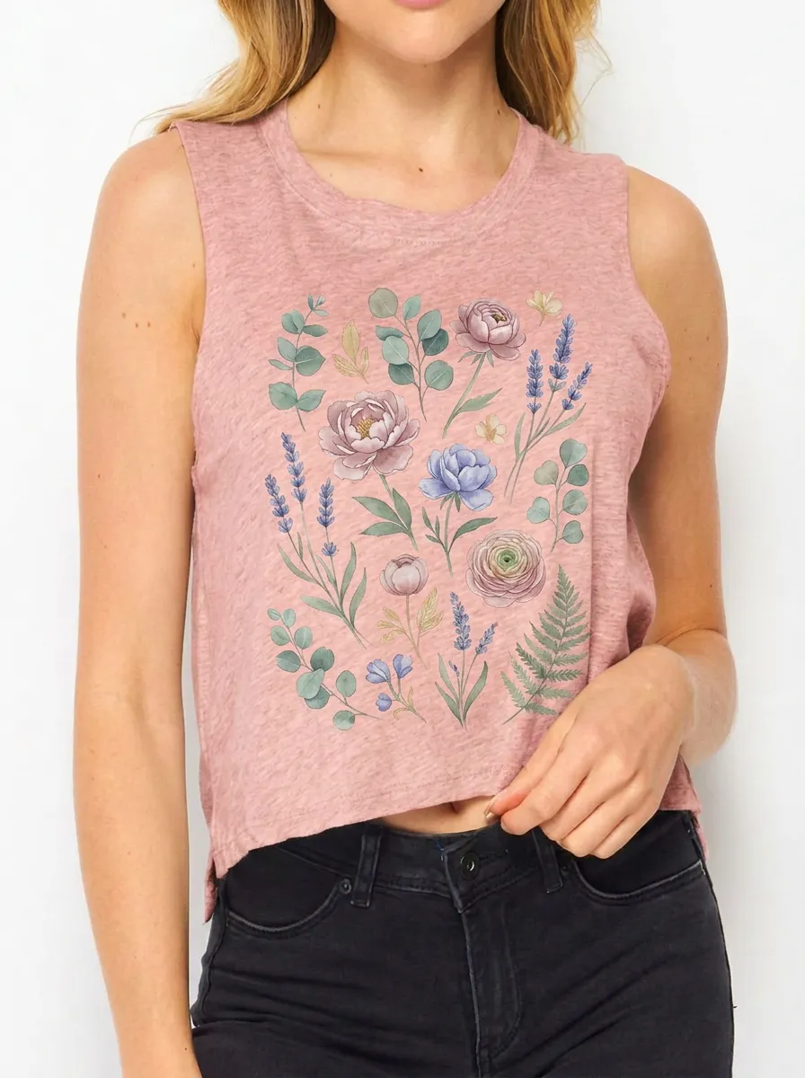 Women's Botanical Garden Floral Watercolor Printed Crop Tank Top