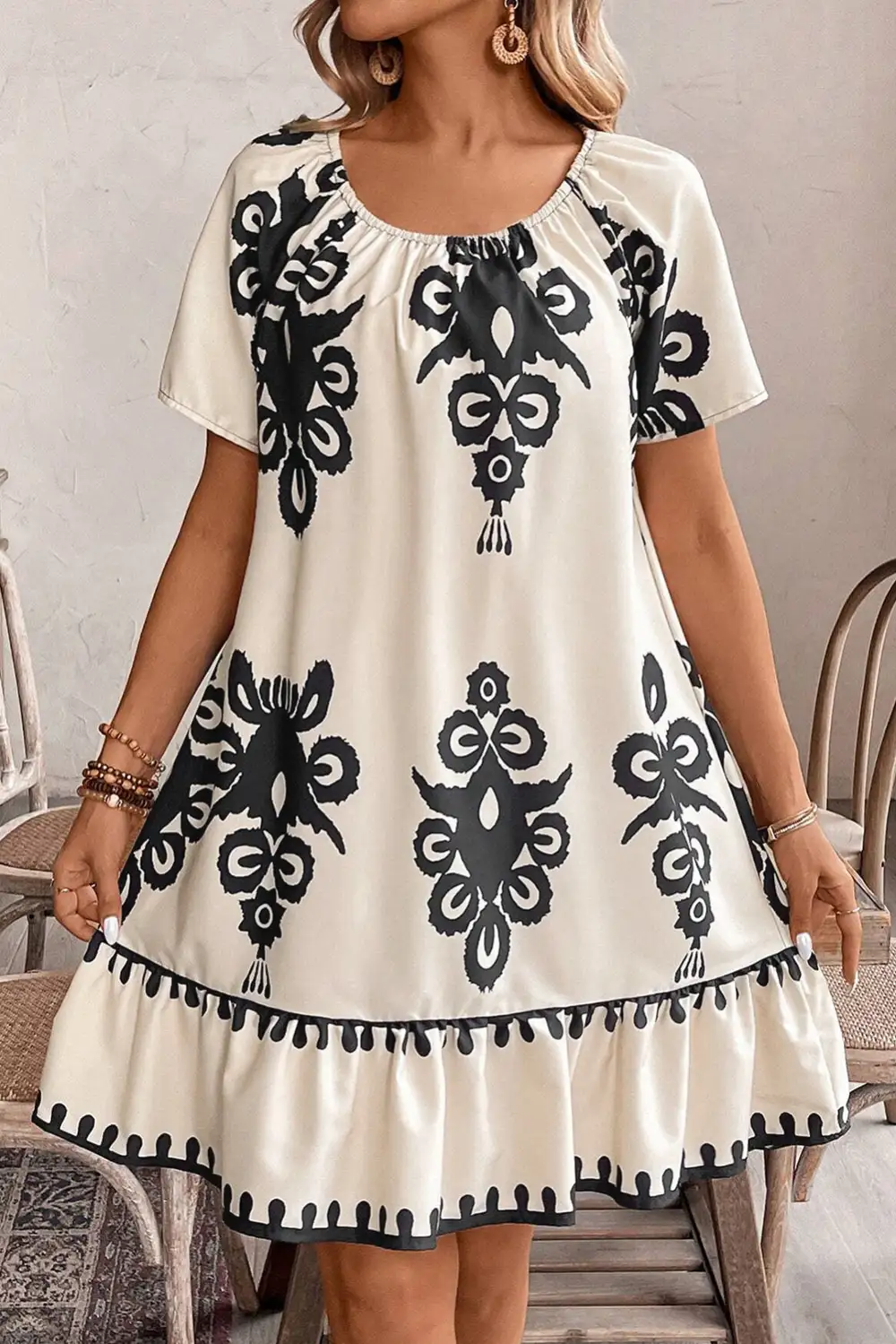 Ruffle Trim Short Sleeve Relaxed Fit Mini Dress