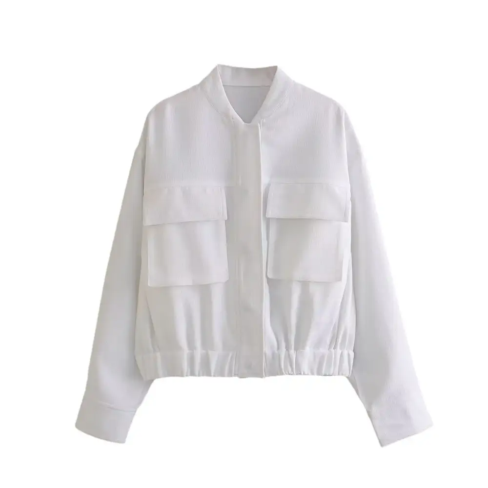 Tailored Shirt Collar Elastic Hem Bomber Jacket