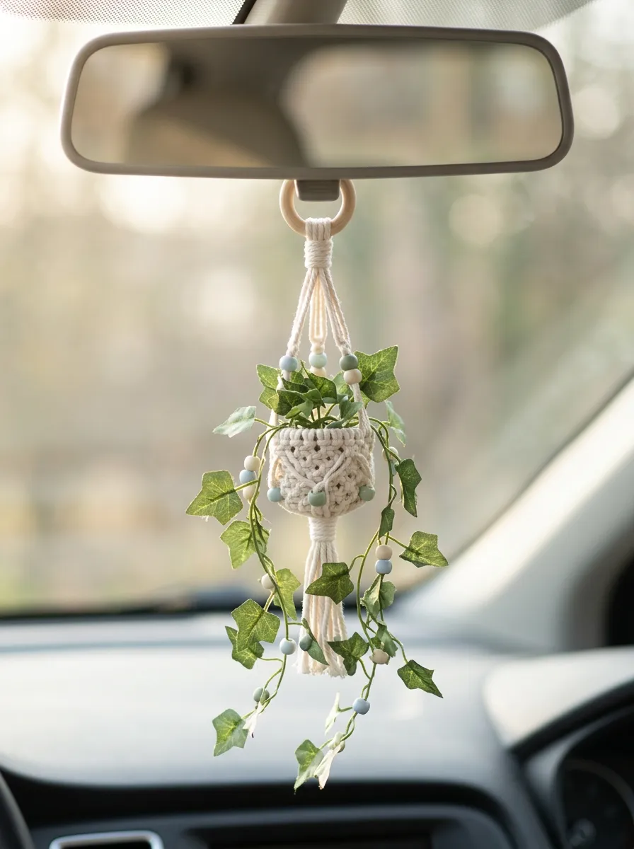 Macrame Plant Leaf Rearview Mirror Hanging Ornament