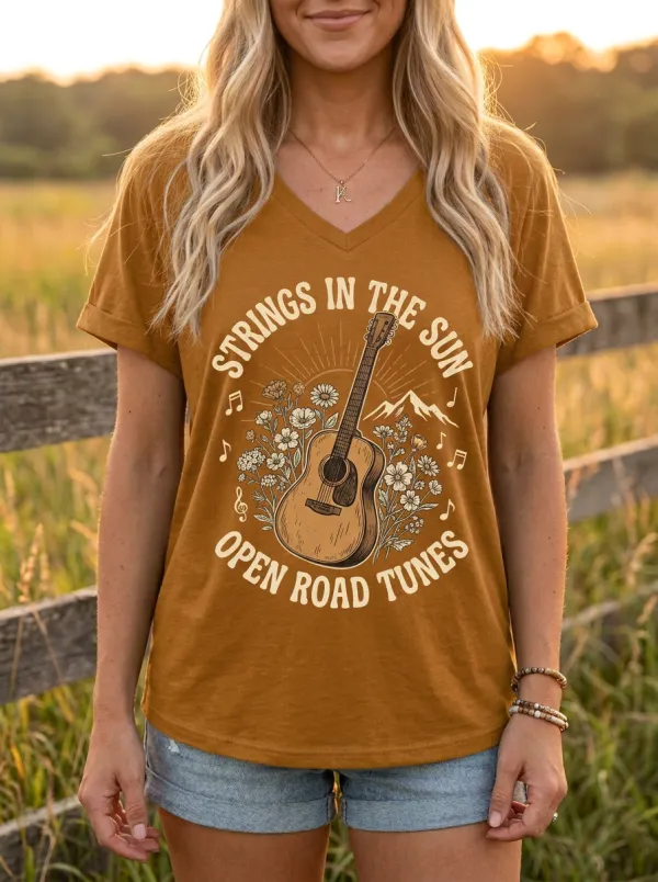 Americana Guitar Floral Custom Country Music V-Neck T-Shirt