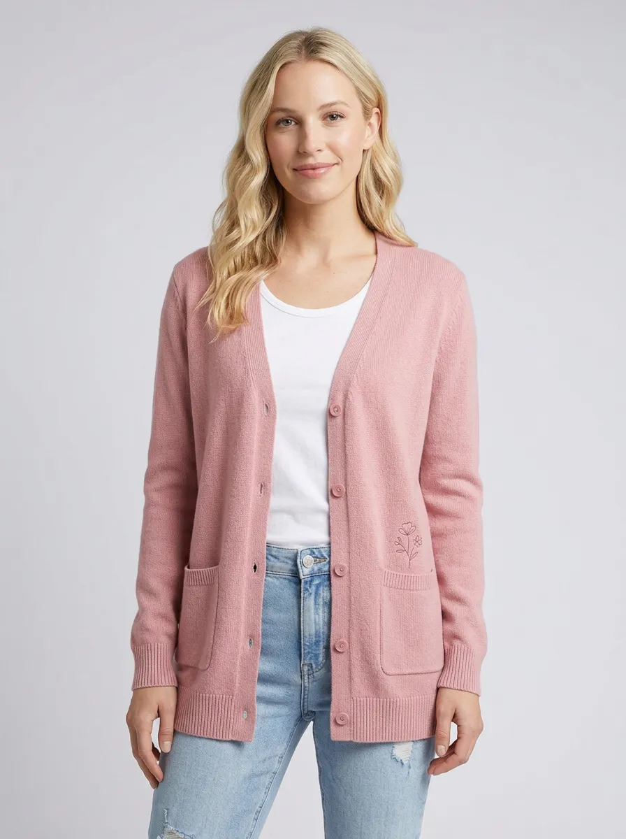 Pink Floral Minimalist Embroidered V-Neck Cardigan
