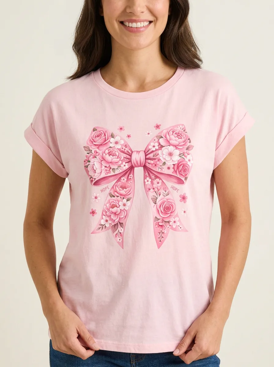Women's Breast Cancer Awareness Floral Bow Printed T-shirt