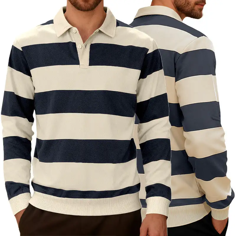 Men's Striped Rugby Polo With A Classic Collar Two-button Placket And Ribbed Hem