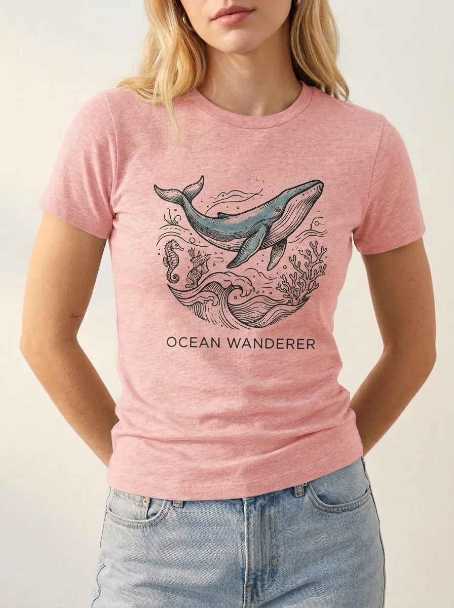 Women's Ocean Wanderer Whale Seahorse Printed T-shirt
