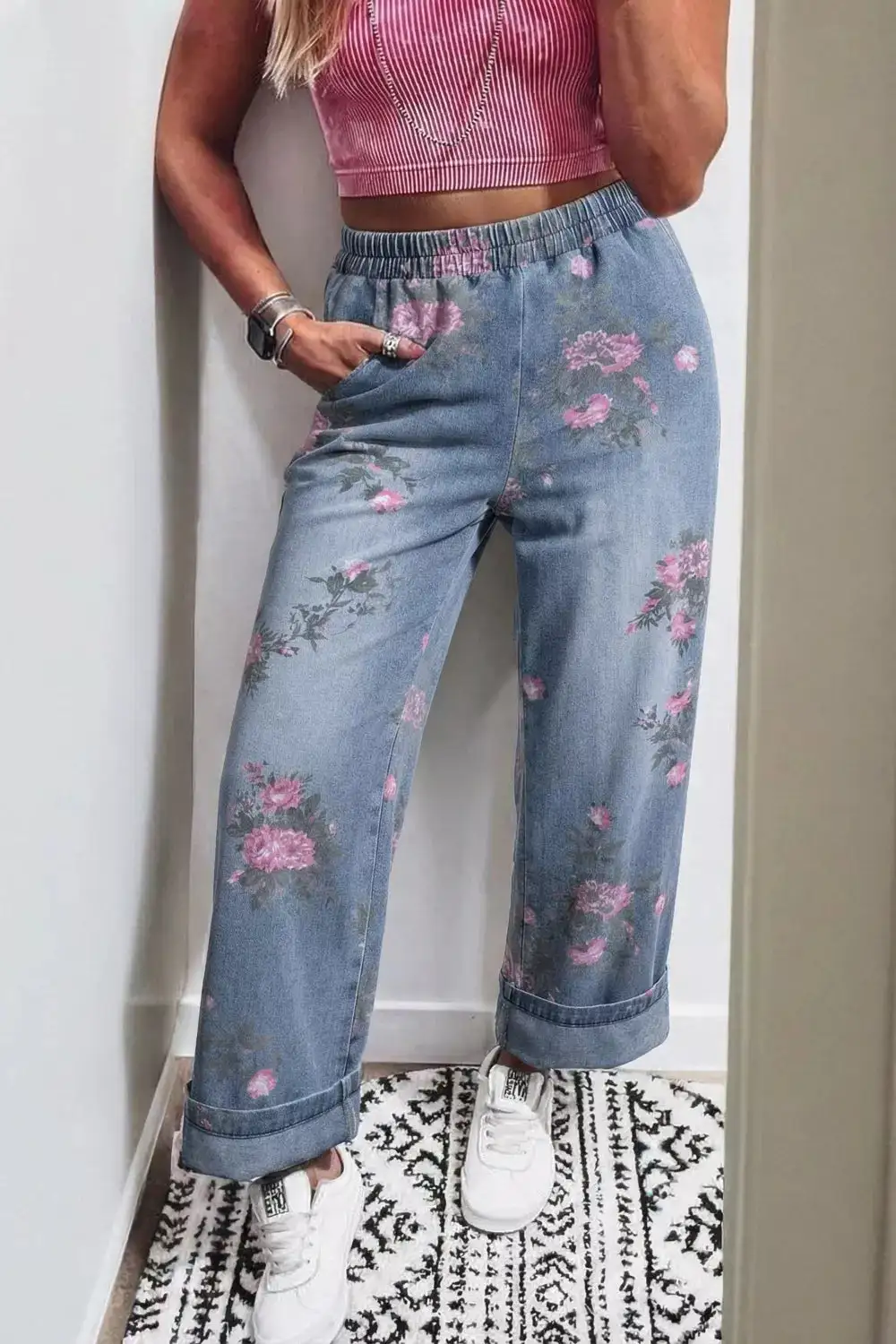 Women' High Waisted Floral Print Wide Leg Elastic Waist Jeans