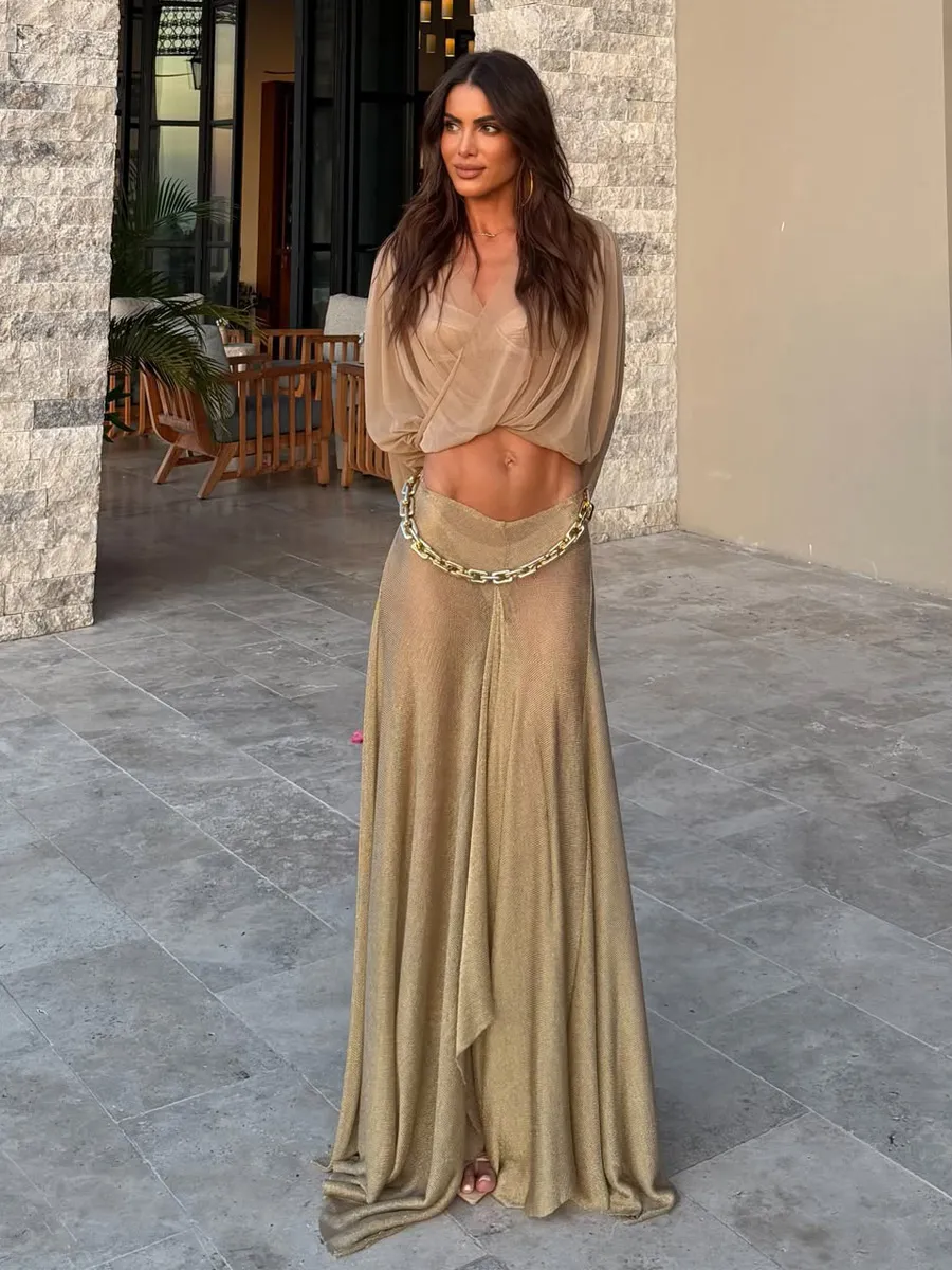 Natasha Fine-Shimmer Mesh Maxi Skirt Set