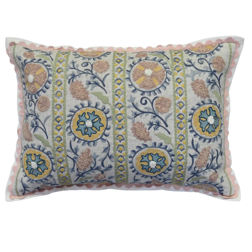 Hand Embroidered Floral Botanical Cotton Linen Lumbar Decorative Cushion Cover