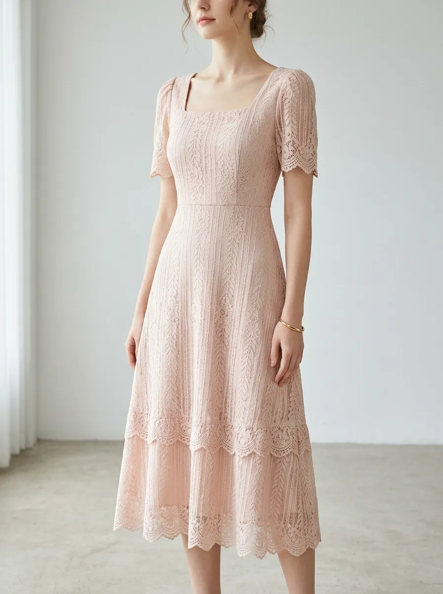 Women's Elegant Pink Floral Lace Square Neck Tiered Dress