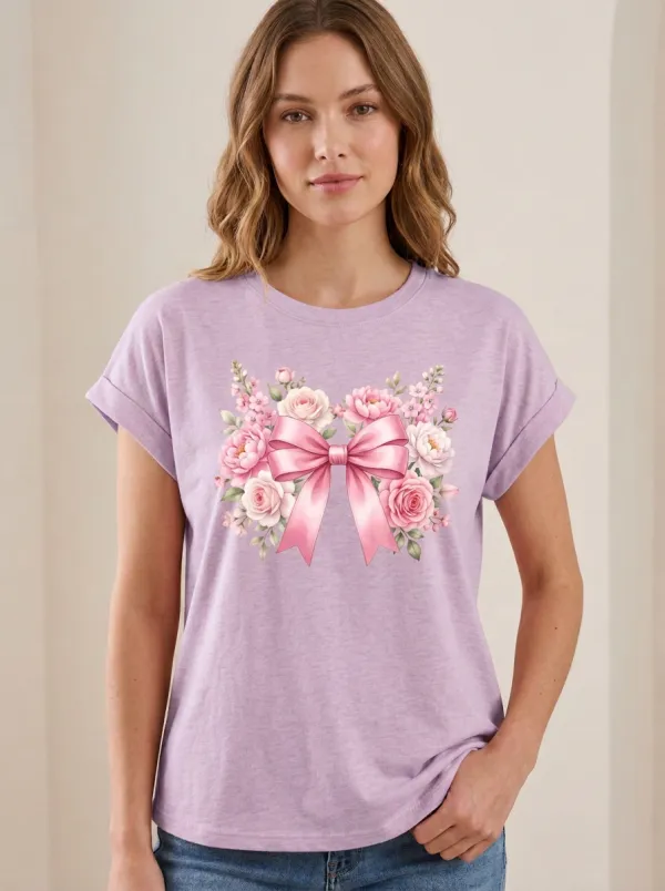 Women's Breast Cancer Awareness Pink Ribbon Floral Printed T-shirt