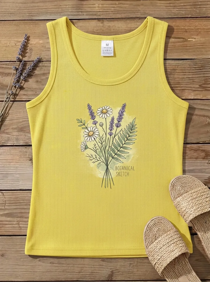 Women's Botanical Flower Lavender Daisy Printed Ribbed Tank Top