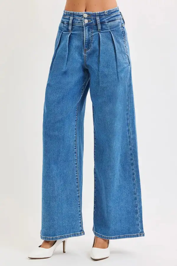 Full Size Mid Rise Fit Wide Leg With Pleated Detail Jeans Plus Size