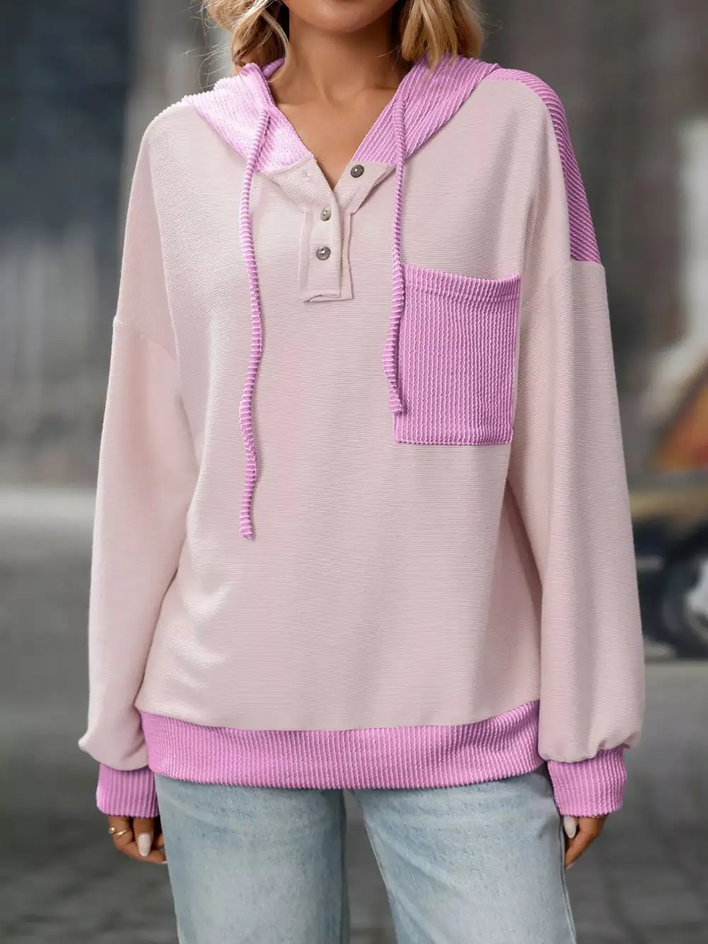 Refined Drawstring Buttoned Pocketed Colorblock Hoodie