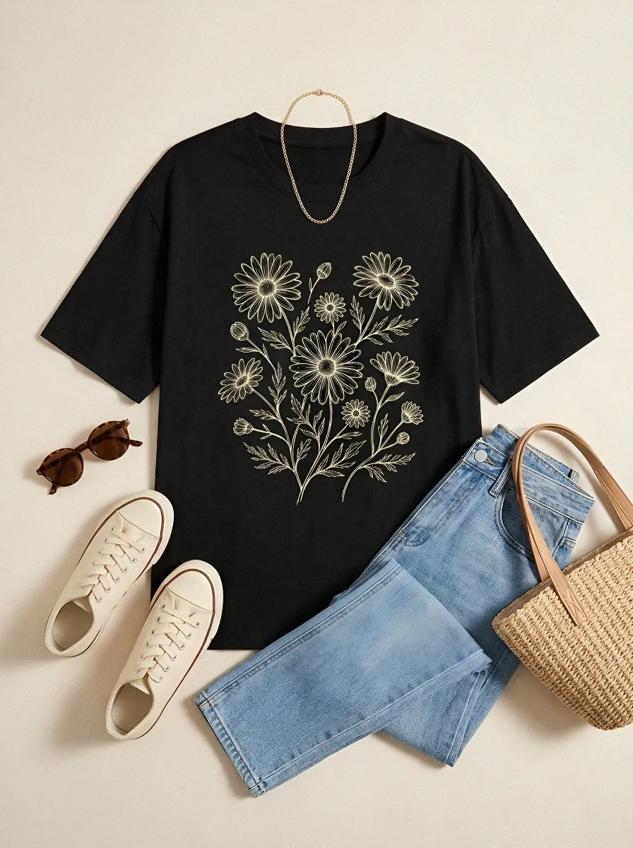 Women's Botanical Nature Lover Daisy Flower Printed T-shirt