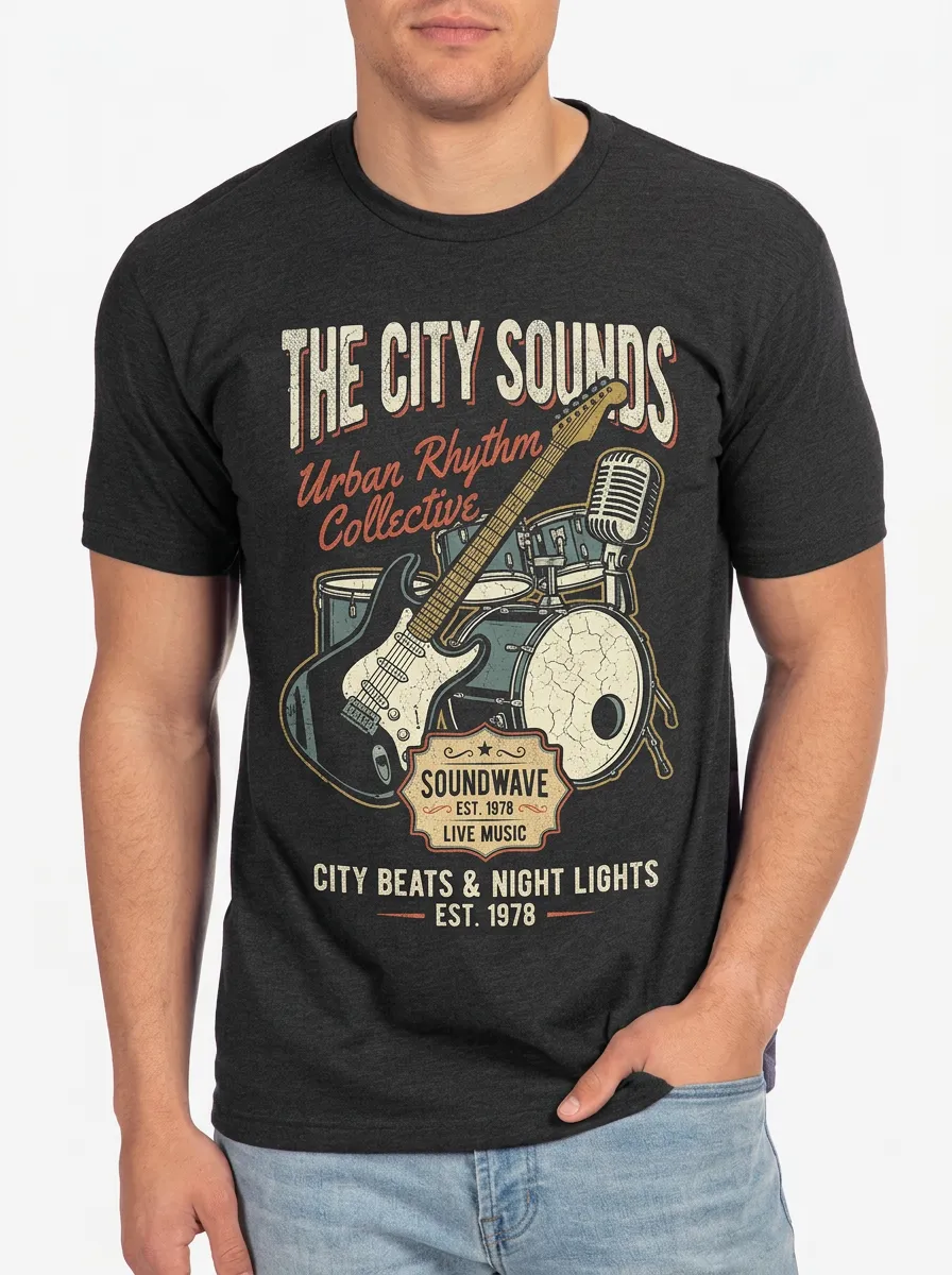 Men's Music Lover Vintage Guitar Drum Printed T-shirt