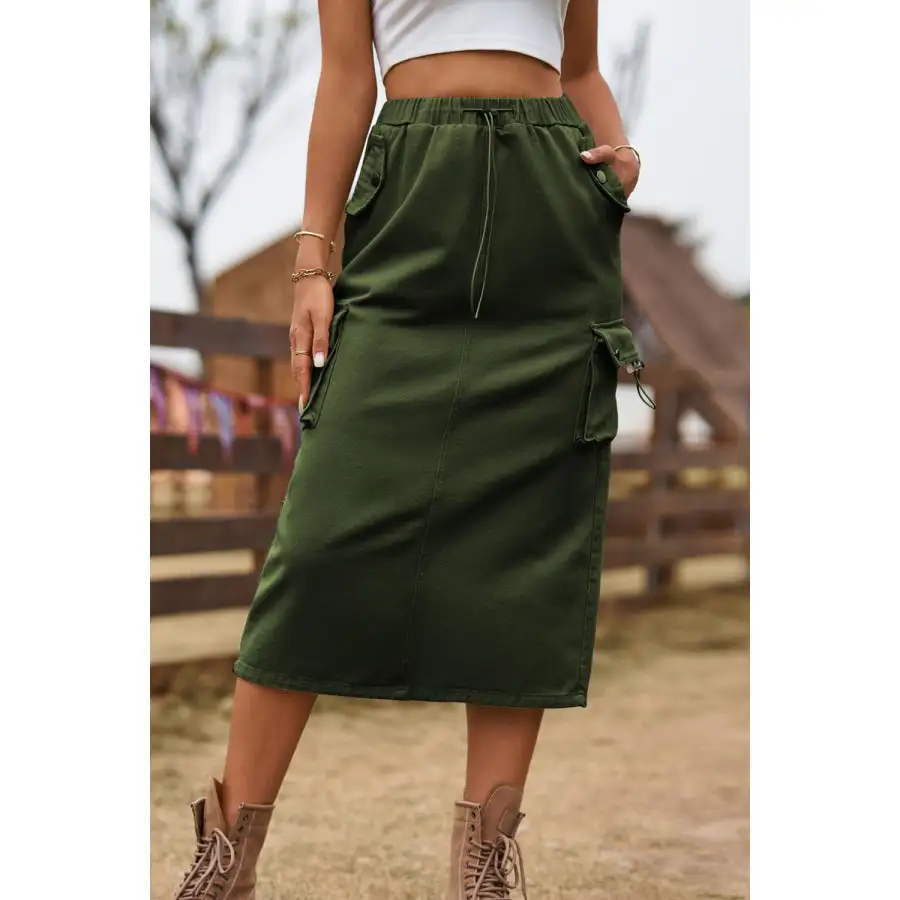 Drawstring Waist Slit Denim Skirt