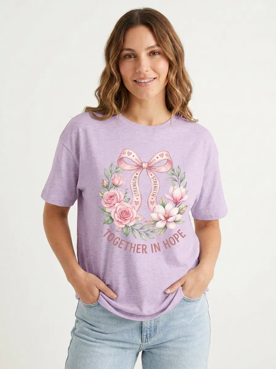 Women's Breast Cancer Awareness Floral Bow Printed T-shirt