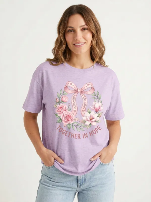 Women's Breast Cancer Awareness Floral Bow Printed T-shirt